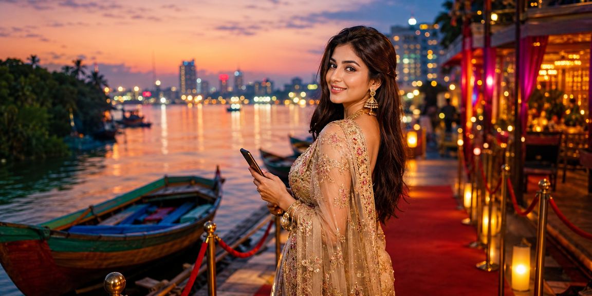 সুন্দরবনের পটভূমিতে মোবাইলে six666 ক্যাসিনো ব্যবহার করছেন একজন নারী